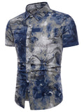 themeisles Summer Men's New Men's Square Collar Slim Type Short-sleeved Shirt Printed Fashion Urban Shirt