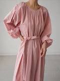 themeisles Original Casual Loose Solid Color Pleated Puff Sleeves Midi Dress