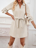 themeisles Tied Waist Solid Color Jacquard Long Sleeves V-neck Mini Dresses