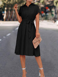 themeisles Tied Waist Solid Color Buttoned Short Sleeves High Waisted Lapel Collar Shirt Dress Midi Dresses