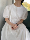 themeisles Original Loose Solid Color Pleated Puff Sleeves Midi Dress