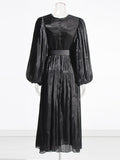 themeisles Solid Color Pleated Belted Puff Sleeves Loose V-Neck Maxi Dresses