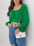 themeisles Tops Female Solid Color Exposed Umbilical Cord Lantern Sleeves A Collar Sexy Hot Girls Laced Bubble Sleeve Long-sleeved Shirt