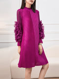 themeisles Solid Color Pleated Embroidered Loose Long Sleeves Round-neck Midi Dresses