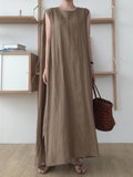 themeisles Casual Simple Solid Color Split-Side Round-Neck Sleeveless Midi Dress