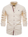 themeisles Spring and Summer Slim Shirt Men's Cotton Linen Breathable Casual Fashion Business Solid Color Long-sleeved Lapel Pleated Shirt Men