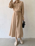 themeisles Casual A-Line Long Sleeves Bandage Solid Color Lapel Collar Shirt Midi Dresses