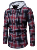 themeisles Color Blocking Plaid Long-sleeved Tops Youth College Style Hooded Drawstring Versatile Casual Shirt Cardigan