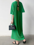 themeisles Solid Color Pleated Loose Half Sleeves Round-Neck Midi Dresses