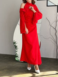 themeisles Flared Sleeves Asymmetric Buttoned Hollow Solid Color Zipper Cold Shoulder Evening Dresses Maxi Dresses