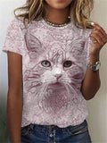 themeisles Short-sleeved Straight Type Pullover Round Neck Cartoon Cats Digital Printing T-shirt Pink Purple Blue Green