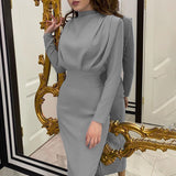 themeisles Fashionable Waist and Foreign Style Solid Color Long Sleeve Dress
