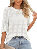 themeisles Summer Solid Color New Loose Type Women's Round Neck Hollow Knitted Five-part Sleeve Sweater Blouse
