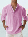 themeisles Men's Linen Shirt Casual Shirt Beach Shirt Henley Shirt Black White Pink Long Sleeve Plain Henley Spring & Summer Hawaiian Holiday Clothing Apparel