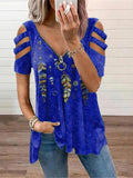 themeisles V-neck Zipper Pullover Printed Short Sleeve Loose T-shirt Women's Jacket