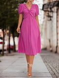 themeisles Split-Joint Solid Color Pleated Knot Elasticity Short Sleeves Puff Sleeves V-neck Midi Dresses