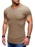 themeisles Summer Men's Sports and Fitness Short-sleeved T-shirt Vertical Striped Solid Color Collarless Men's Slim V-neck Tops Ice Silk Bodysuit