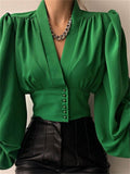 themeisles Spring New Solid Color Slim Temperament Long-sleeved Button V Collar Urban Trend Set Head Lantern Sleeve Blouse Shirt