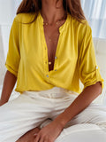 themeisles Explosive Solid Color Pullover Five-point Sleeve Short-sleeved Collar Loose Button Commuter Intellectual Style Shirt Tops Female