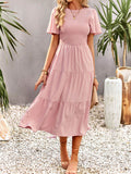 themeisles Solid Color Elastics Short Sleeves Loose Round-neck Midi Dresses
