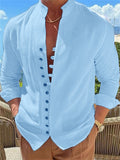 themeisles Men's Shirt Linen Shirt Button Up Shirt Casual Shirt Summer Shirt Black White Pink Long Sleeve Plain Band Collar Summer Spring & Fall Daily Vacation Clothing Apparel