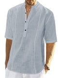themeisles Men's Comfortable Casual Linen Shirt Medium Sleeve Men's Solid Color Tops S M L XL 2XL