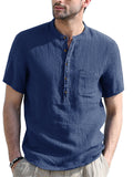 themeisles Stand Collar Short-sleeved Linen Shirt Sleeve Breathable Casual Linen Soft Slim Fit Men