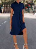 themeisles Tied Waist Solid Color Buttoned Short Sleeves High Waisted Lapel Collar Shirt Dress Midi Dresses