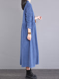 themeisles Vintage Corduroy Long Sleeves A-Line Embroidered Solid Round-Neck Midi Dresses