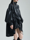 themeisles Solid Color Pleated Drawstring Puff Sleeves Loose Stand Collar Mini Dresses
