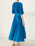 themeisles Loose Pleated With Waistband Solid Color Round-Neck Maxi Dresses