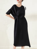 themeisles Stylish Irregularity Loose Pleated Solid Color Round-Neck Midi Dresses