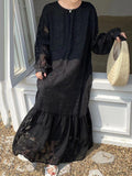 themeisles Tied Waist Split-Joint Solid Color Pleated Flower Print Puff Sleeves Loose Round-Neck Maxi Dresses