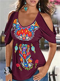 themeisles Summer Loose V-neck Pleated Print Strapless Women's Short-sleeved T-shirt
