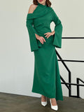 themeisles Flared Sleeves Asymmetric Buttoned Hollow Solid Color Zipper Cold Shoulder Evening Dresses Maxi Dresses