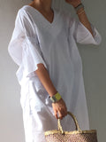 themeisles Casual Half Sleeves Loose Pleated Solid Color V-Neck Midi Dresses