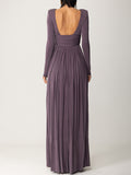 themeisles Long Sleeves Backless No Body Chain Pleated Solid Color Tied Waist Maxi Dresses