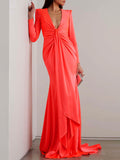 themeisles Long Sleeves Skinny Solid Color Tasseled Zipper V-Neck Maxi Evening Dresses