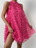 themeisles Split-Joint Solid Color Pleated Jacquard Sleeveless Loose Stand Collar Mini Dresses