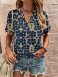 themeisles Spring and Summer New Women's Loose Type V-neck Tops Printed Twist Buckle Fashion Short-sleeved Female Sweet and Fresh