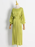 themeisles Original Flared Sleeves Half Sleeves Solid Color Boat Neck Midi Dresses