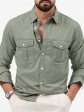 themeisles New Solid Color Men's Lapel Shirts with Multiple Pockets Casual Fashion Long-sleeved Tops for Men