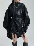 themeisles Solid Color Pleated Drawstring Puff Sleeves Loose Stand Collar Mini Dresses