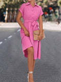 themeisles Tied Waist Solid Color Buttoned Short Sleeves High Waisted Lapel Collar Shirt Dress Midi Dresses