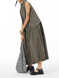 themeisles Solid Color Pleated Sleeveless Loose Stand Collar Shirt Dress Midi Dresses