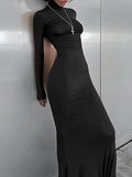 themeisles Split-Joint Solid Color Long Sleeves Bodycon High Neck Maxi Dresses