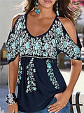 themeisles Summer Loose V-neck Pleated Print Strapless Women's Short-sleeved T-shirt