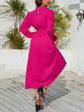 themeisles Tied Waist Solid Color Pleated Hollow Long Sleeves High Waisted Mock Neck Midi Dresses
