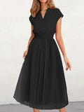 themeisles Solid Color Short Sleeves Loose V-Neck Midi Dresses