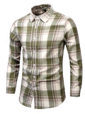 themeisles The New Men's Long-sleeved Large Size Shirt Korean Version of Slim Lapel Plaid Shirt Gray Green
